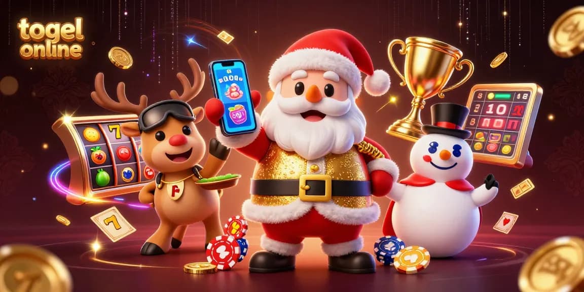 Experience the excitement of togel online with Santa Claus celebrating jackpots in an engaging 3D scene.