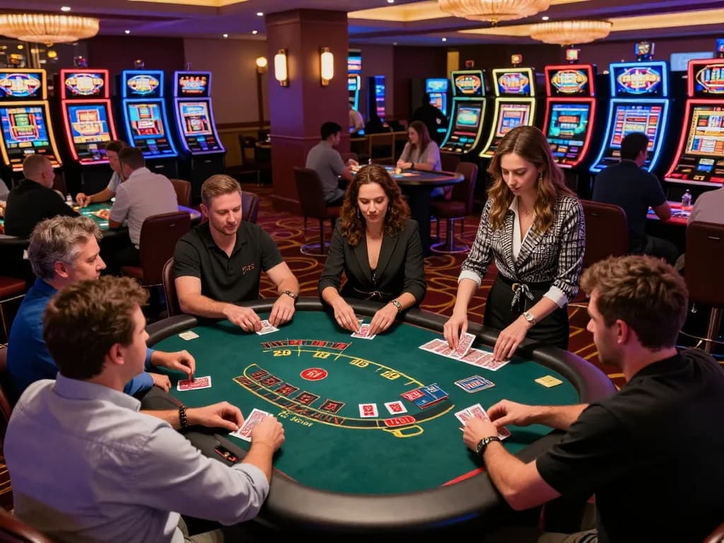 Players engaging in blackjack at a lively casino table, showcasing the dynamic atmosphere of https://shbetac.co.