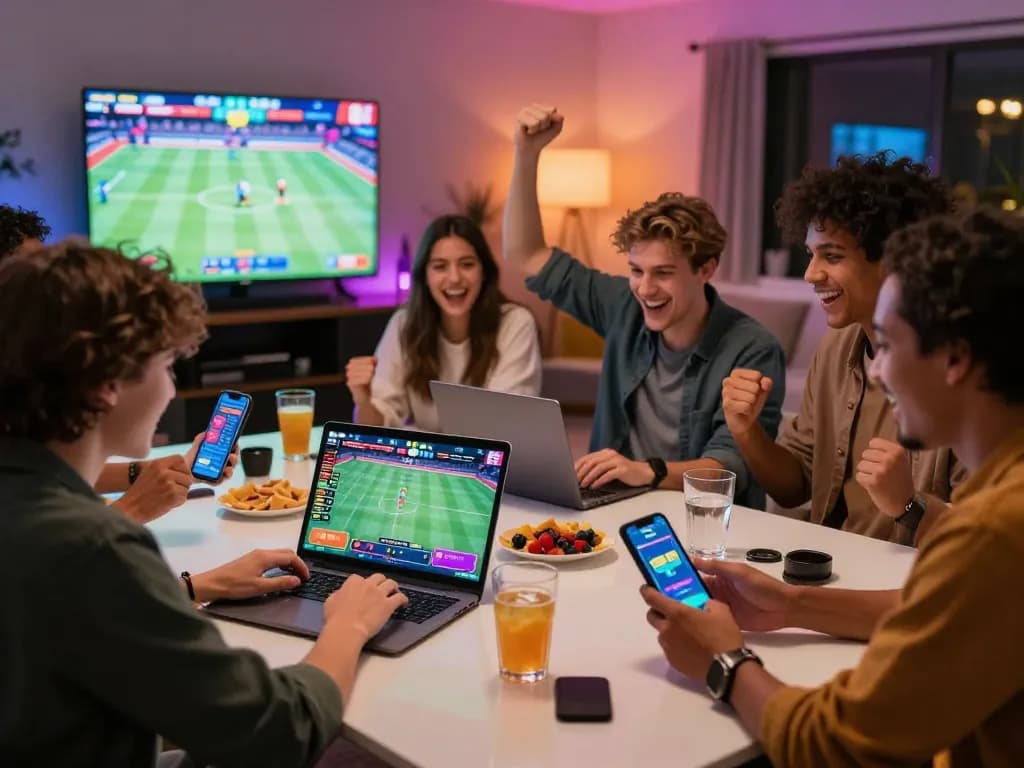 Exciting online gambling experience with friends on Fabet platform, vibrant colors and celebration.
