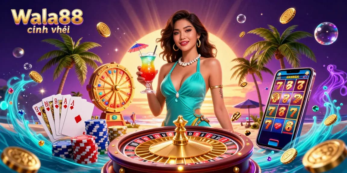 Experience the excitement of Wala88 chính thức with this vibrant illustration showcasing a breathtaking beach casino scene.