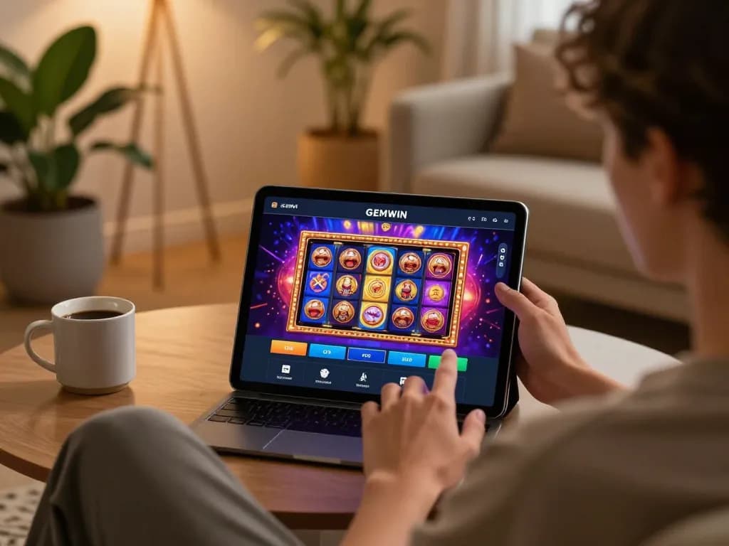 GEMWIN user actively playing a vibrant slot game on a tablet in a cozy home setting
