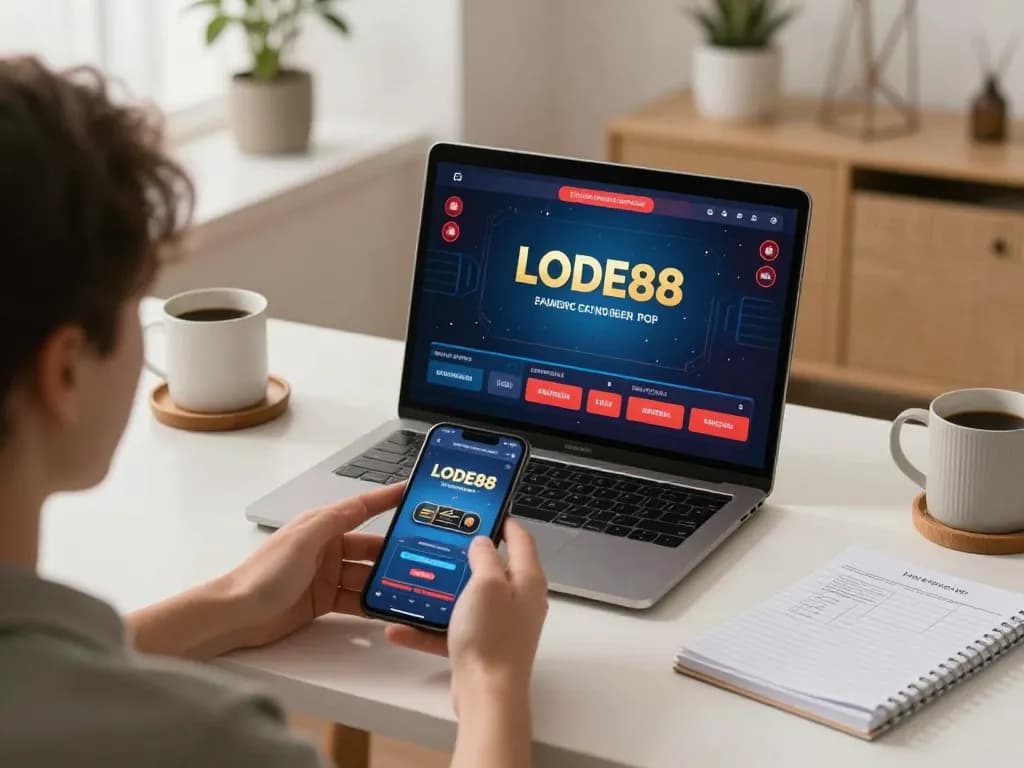 Player enjoying LODE88 mobile app on smartphone during a vibrant home gaming session.