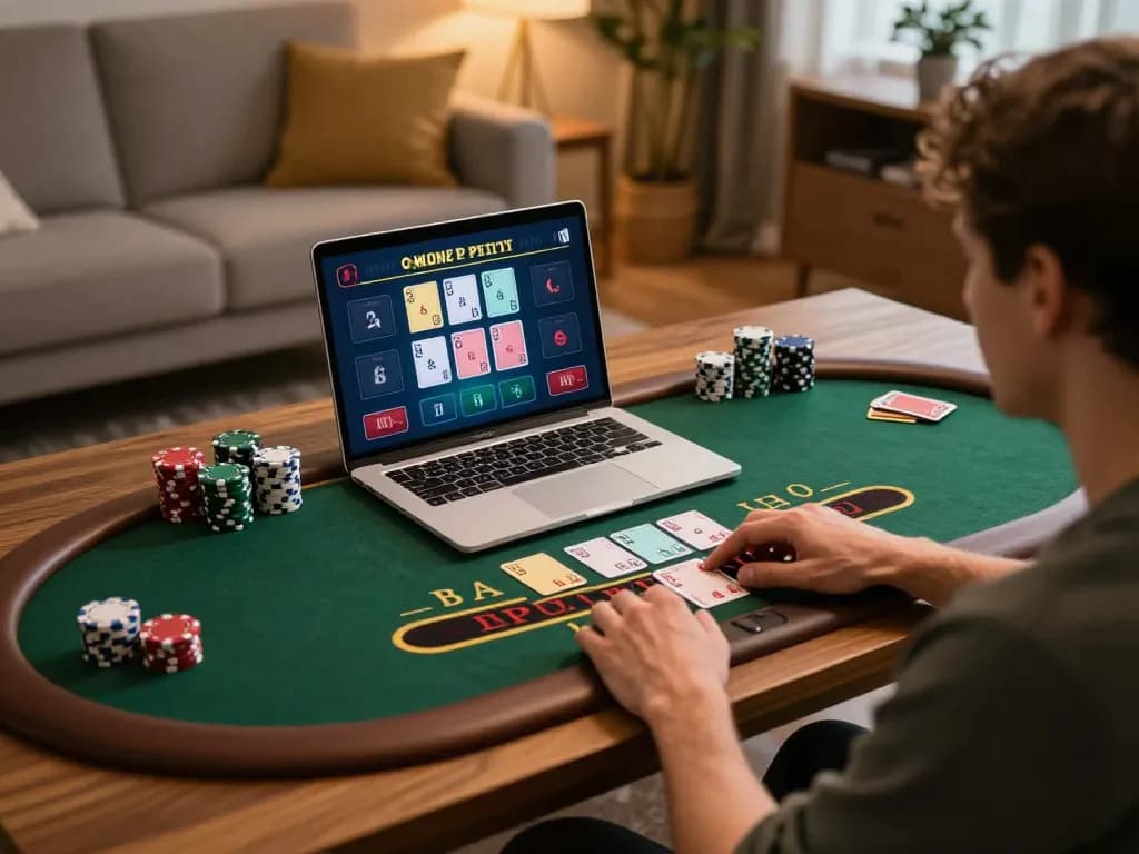 Người chơi LUCK8 đang lên chiến lược trong trò blackjack với nhà cái trực tiếp tại nhà, tương tác với giao diện chơi game trực tuyến.
