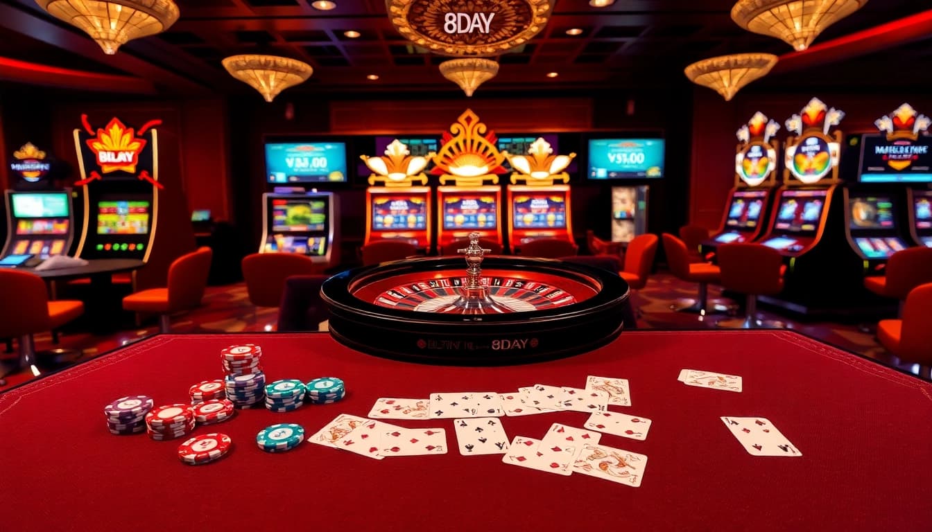 8DAY casino table with colorful poker chips and roulette wheel in a luxurious setting.