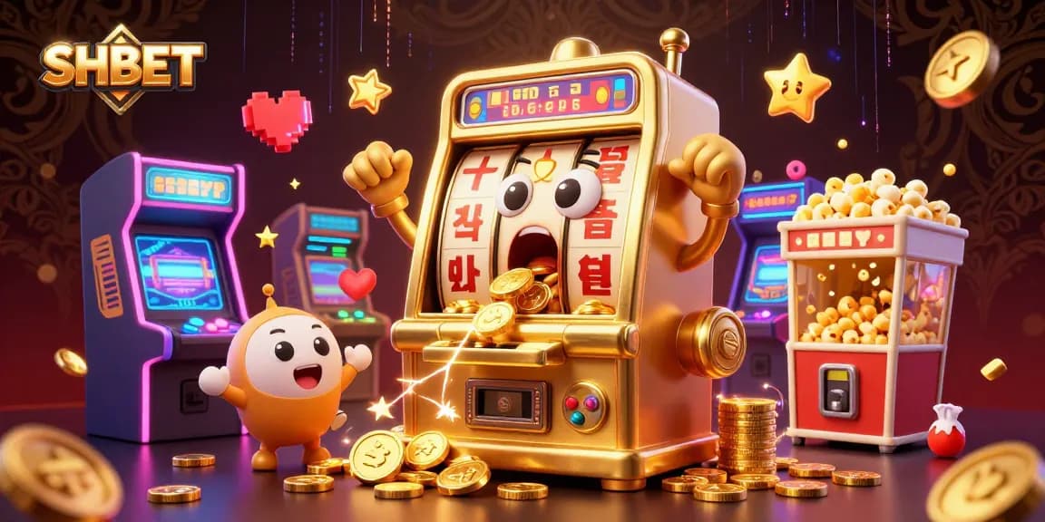 SHBET engages players with a gold slot machine hitting a jackpot surrounded by exciting gaming elements.