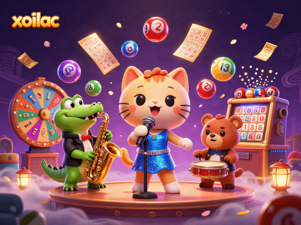 Hình ảnh xoilac mô tả một chú mèo hát jazz, cá sấu và gấu với bóng số và giải thưởng sôi động.