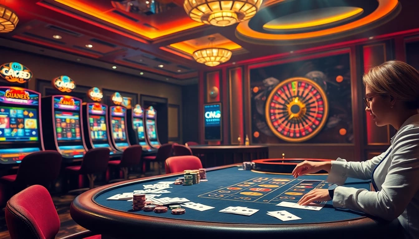 Engaging gameplay at nhà cái cm88, featuring dynamic casino tables, excited gamblers, and a roulette wheel.