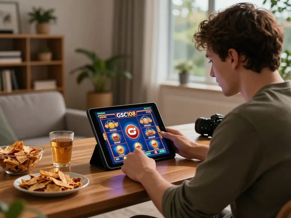 Bermain permainan slot online di Gsc108 dengan tablet di lingkungan ruang tamu yang nyaman.