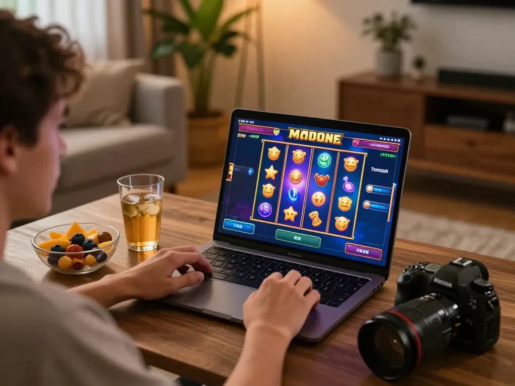 Engaging in kdslot gameplay at home with animated spinning reels on a laptop screen, cozy atmosphere and snacks nearby.