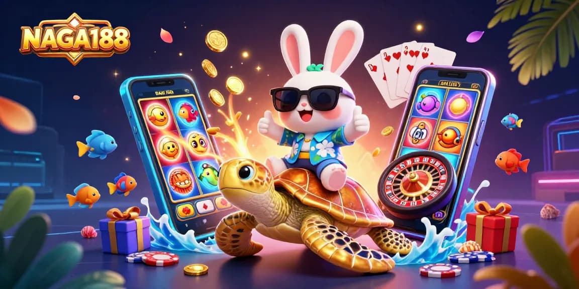 NAGA188 menampilkan ilustrasi kasino 3D berwarna cerah dengan kelinci membawa keberuntungan di atas penyu emas