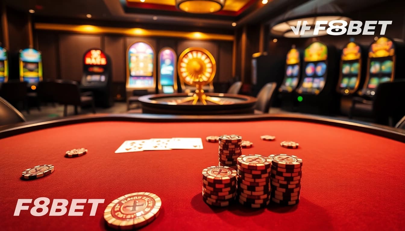 Experience high-stakes excitement at F8BET's luxurious casino atmosphere, featuring poker and roulette games.