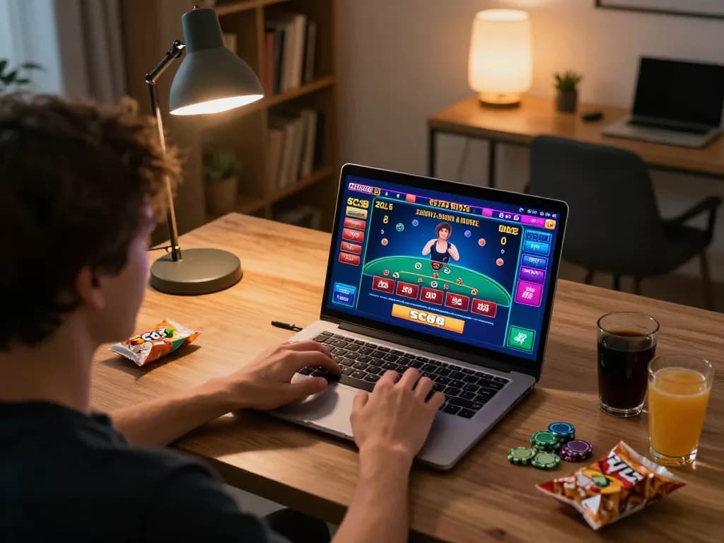 Player strategizing in SC88 online casino, focused on live blackjack game with laptop at stylish home office.