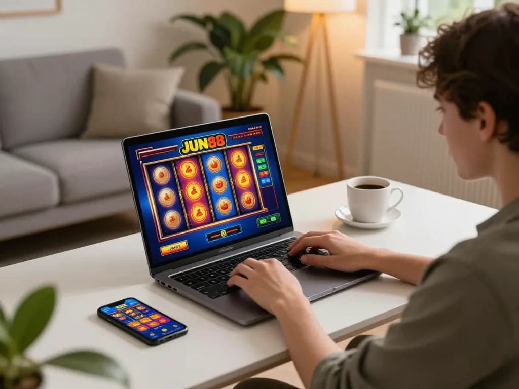 Experience exciting gameplay with JUN88 online slots in a cozy home setup.