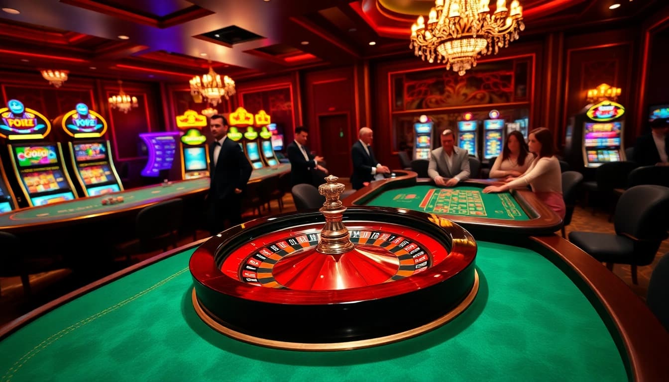Winning at the roulette table with xx88's luxurious casino environment featuring vibrant slot machines.