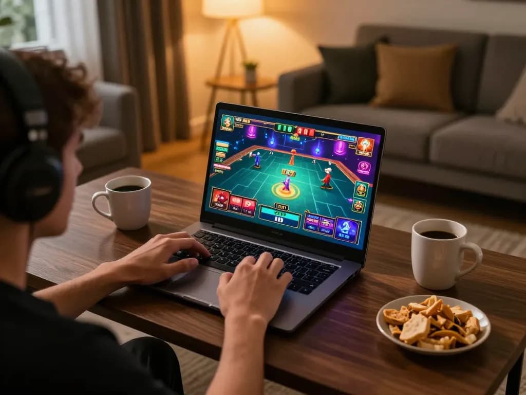 Engaged player at Luck8 online casino, enjoying an immersive gaming experience in a cozy setting