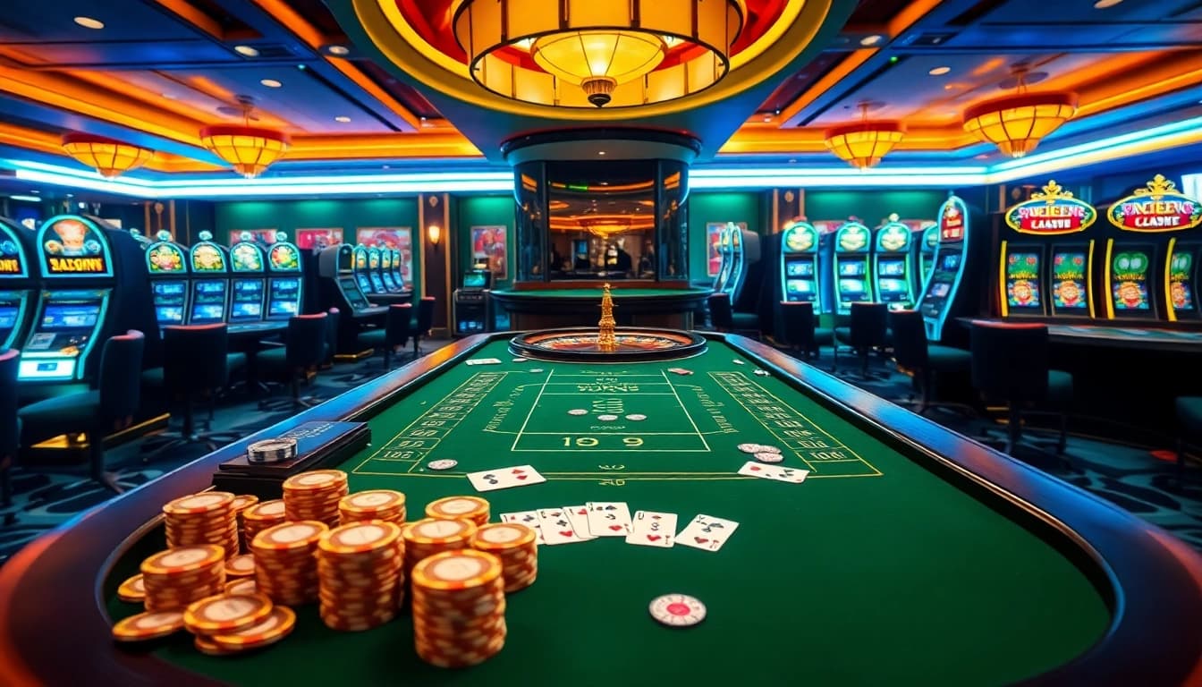 Experience the luxury gaming environment of LUCK8 with vibrant tables and engaging poker chips.