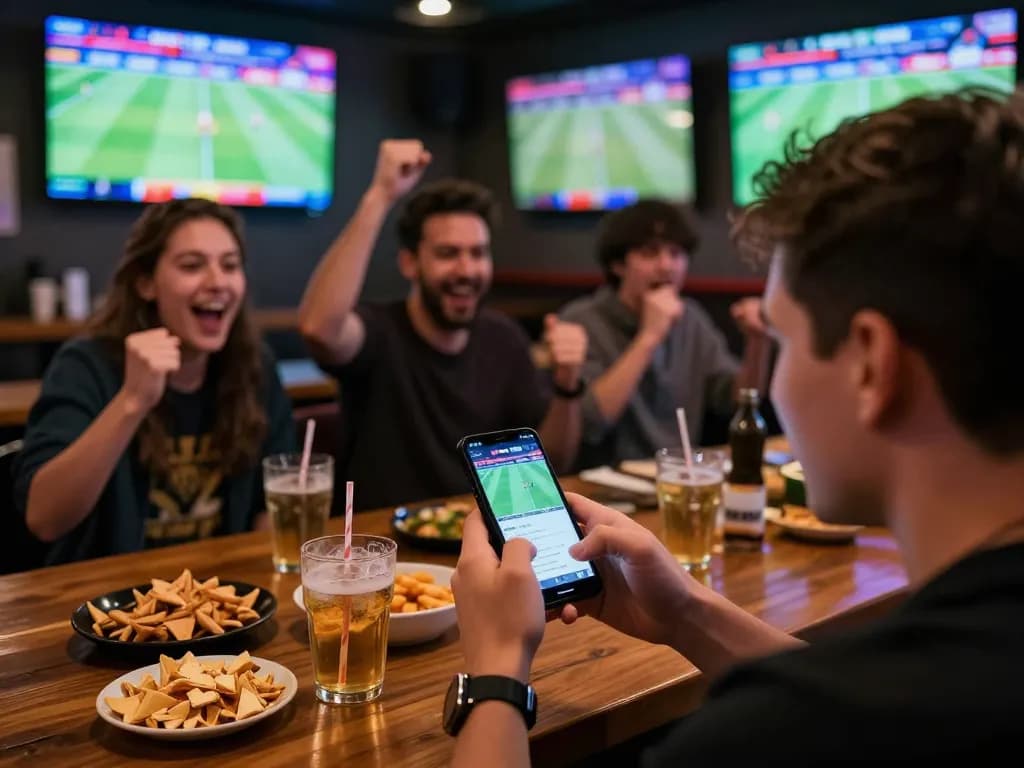 Tỷ lệ kèo nhà cái updates displayed on smartphone amidst a lively sports betting atmosphere with friends