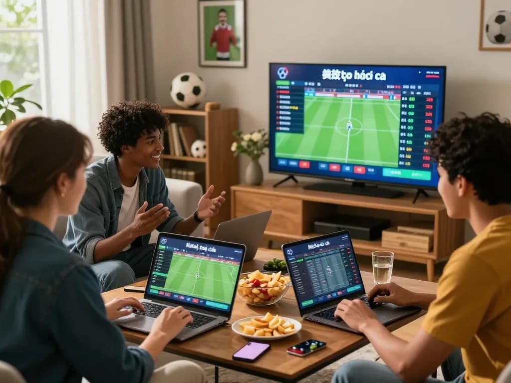 Engaged friends analyzing kênh kèo nhà cái while enjoying sports betting in a lively living room setting.