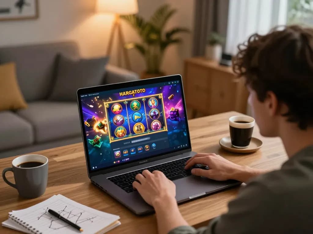Suasana rumah menarik dengan pemain menggunakan login HARGATOTO di laptop untuk permainan slot yang mendebarkan