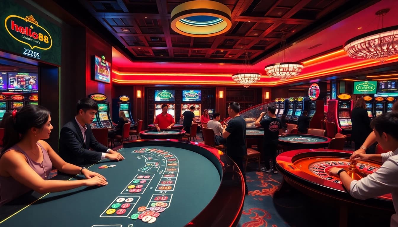 Players enjoying the thrill of casino games at Hello88, highlighting the excitement and luxury of online gambling.