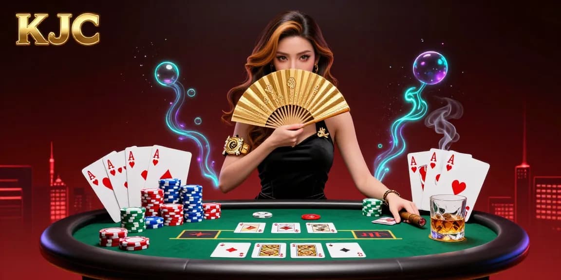 Engage with KJC’s dynamic poker scene, where a gorgeous Asian woman captivates players with her elegance while casino elements enhance the excitement.