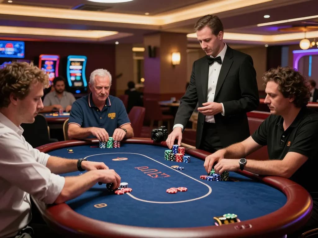 Players strategizing during a thrilling poker match at https://webnk88.net/ in an upscale casino setting.