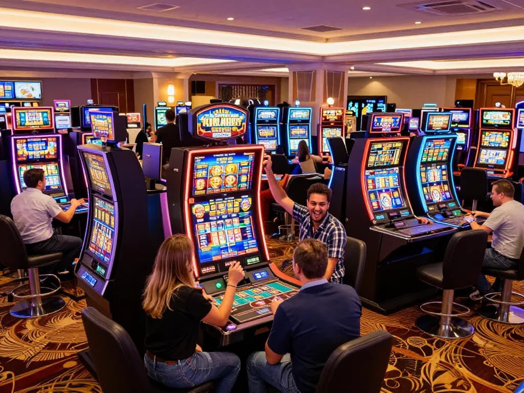 Experience thrilling gameplay at the casino as players celebrate wins, surrounded by vibrant slot machines and dynamic atmosphere