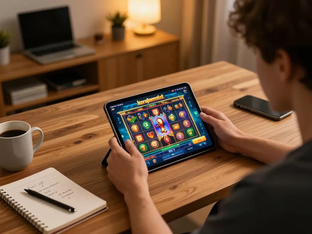 Player engaging with kerajaanslot on a tablet, showcasing an exciting online gaming experience at home