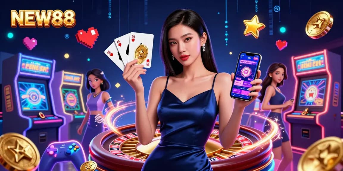Engage with NEW88 through a stunning digital casino experience showcasing vibrant gaming elements.