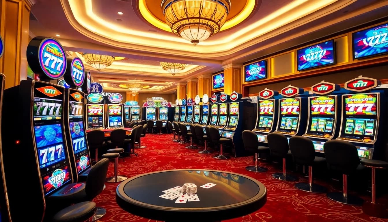 Menghadirkan pemain di ruang kasino mewah yang menikmati mesin slot777 dengan warna-warni cerah dan kegembiraan.