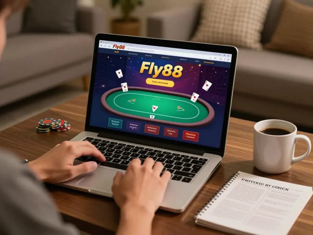Fly88 player strategizing online casino bets at home with vibrant gaming interface.