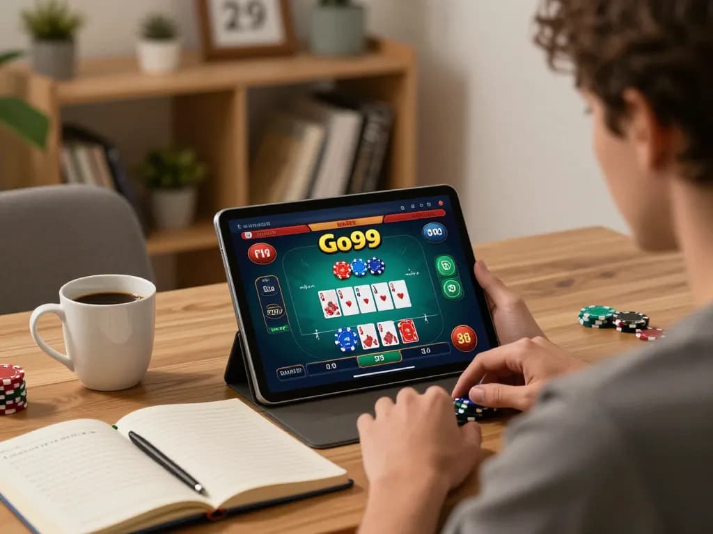 Engaged player uses Go99 poker app on a tablet in a cozy home office, illustrating responsible gaming.
