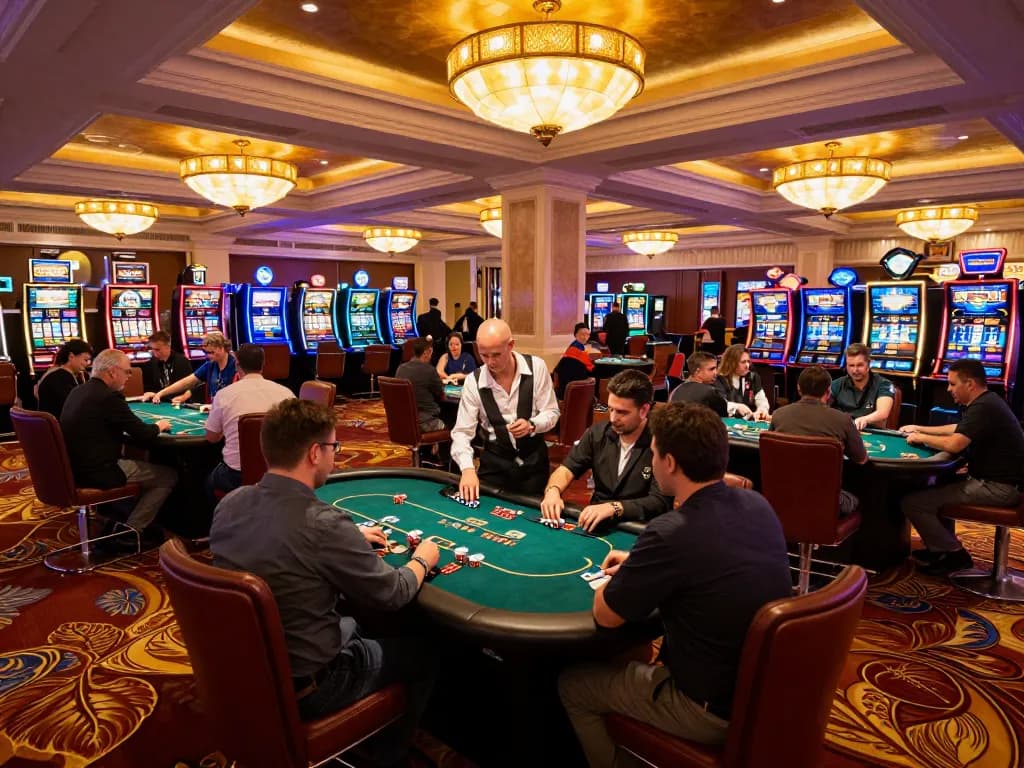 Active players enjoying high-stakes poker at kuwinfi casino with vibrant atmosphere and professional dealers.