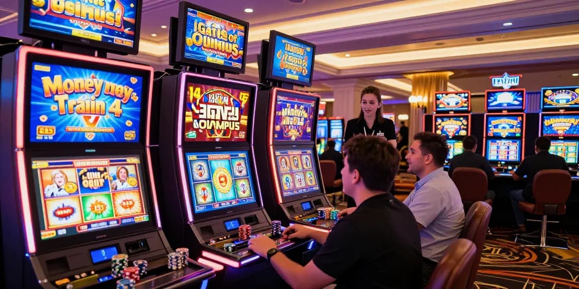 Players enjoy bonus buy slots in a vibrant casino, showcasing excitement and colorful game displays.