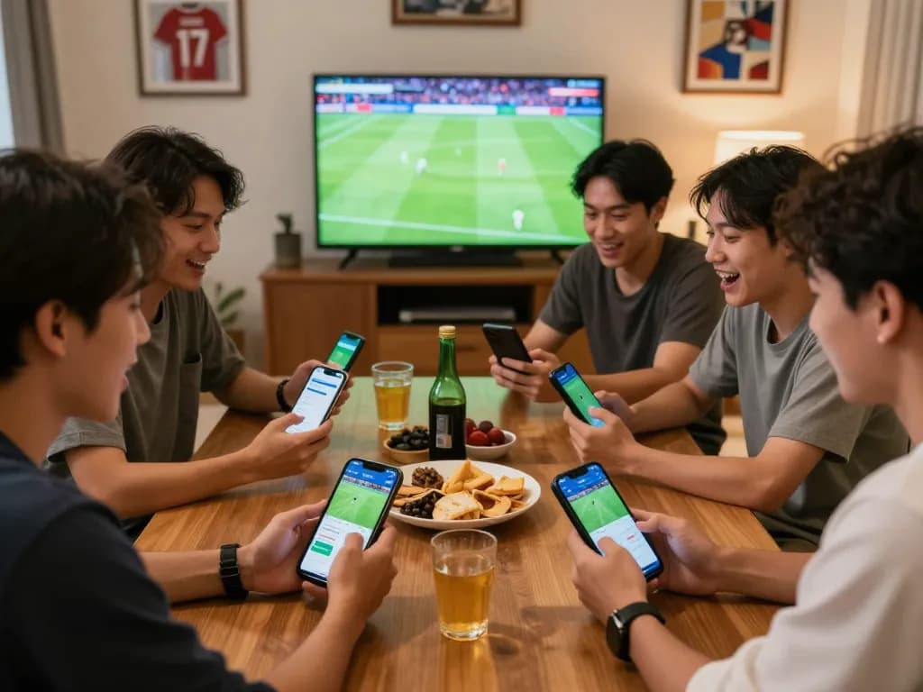 Teman-teman terlibat dalam taruhan judi bola online dengan semangat di ruang tamu yang nyaman.