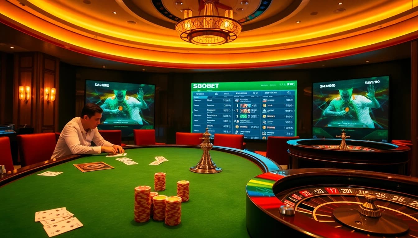 SBOBET live betting table with vibrant poker chips and excited players in an upscale casino.