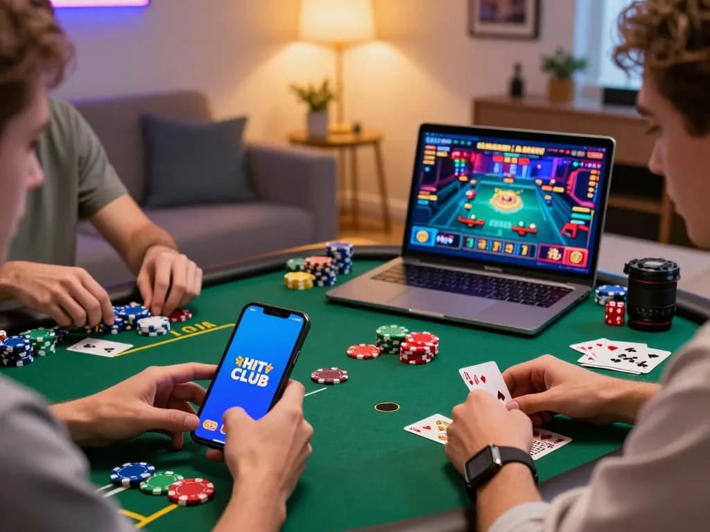 Players engaging with HITCLUB games on devices in a cozy room filled with tokens and casino paraphernalia.
