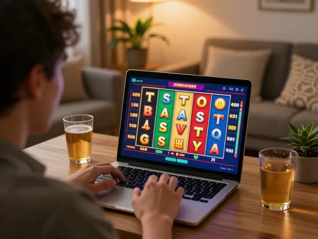 Pemain Bintangmpo menikmati slot online yang mendebarkan dengan antarmuka berwarna-warni di ruang tamu yang nyaman