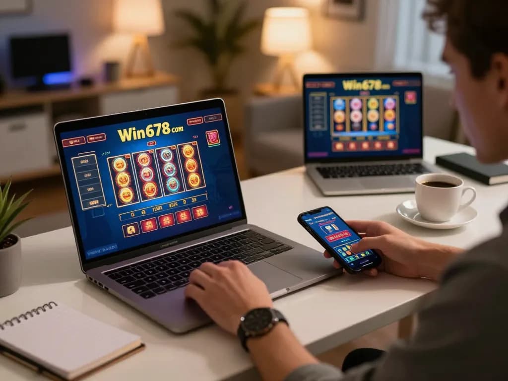Engaging online gaming setup showcasing Win678 com interface on laptop, dynamic casino experience.