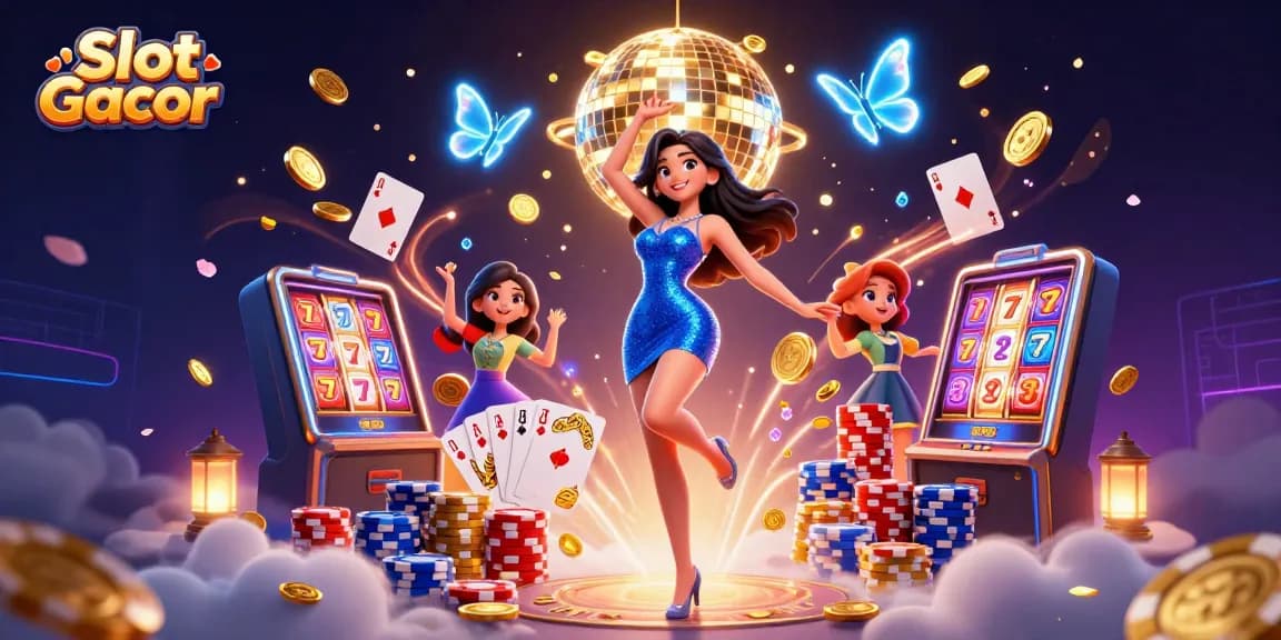 Spin the Slot Gacor reels in a vibrant 3D illustration with dynamic characters and casino elements.
