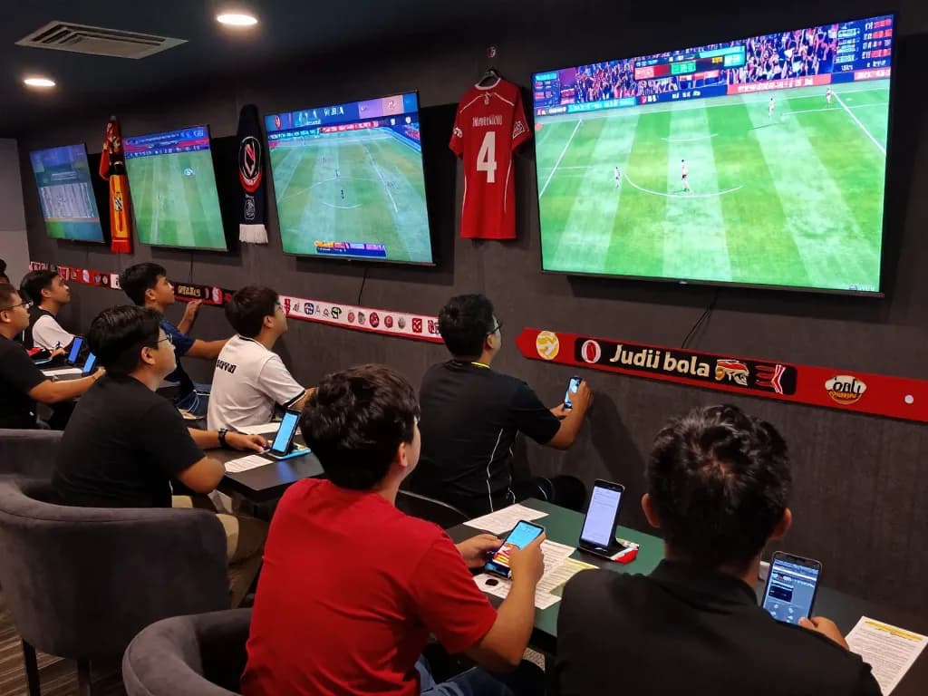 Engaged fans in a betting lounge watching Judi Bola matches with excitement and enthusiasm.