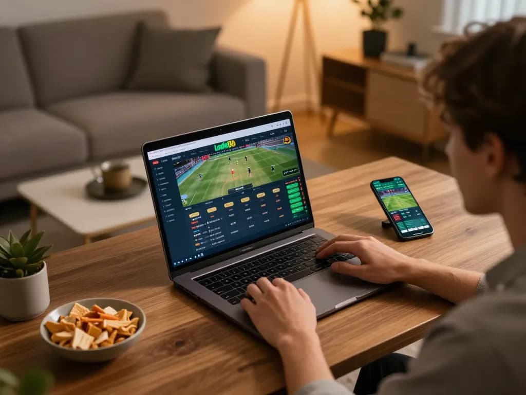 Lode88 player engaged in online sports betting with modern setup and inviting atmosphere.