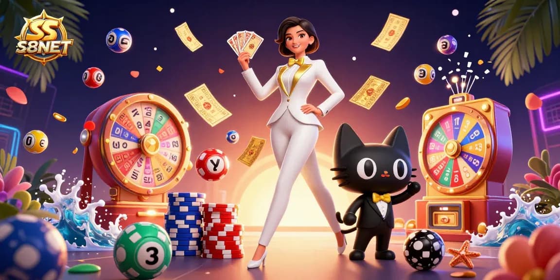 S8NET showcases thrilling gameplay with a glamorous woman shuffling cards alongside a tuxedo cat amidst vibrant gambling elements.