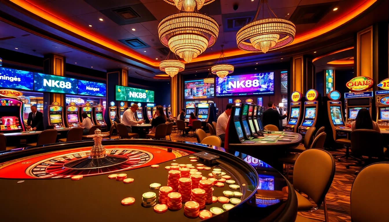 NK88 casino features vibrant lights and players celebrating wins at the roulette table.