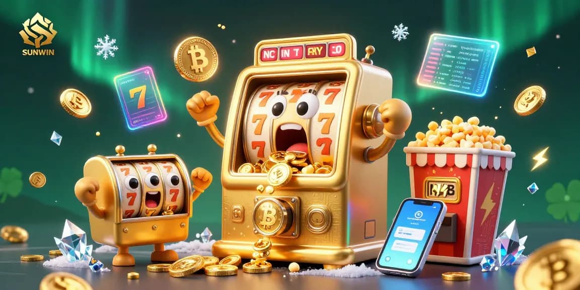 SUNWIN slot machine celebrates a jackpot with coins pouring out, surrounded by cheering characters and vibrant crypto elements.
