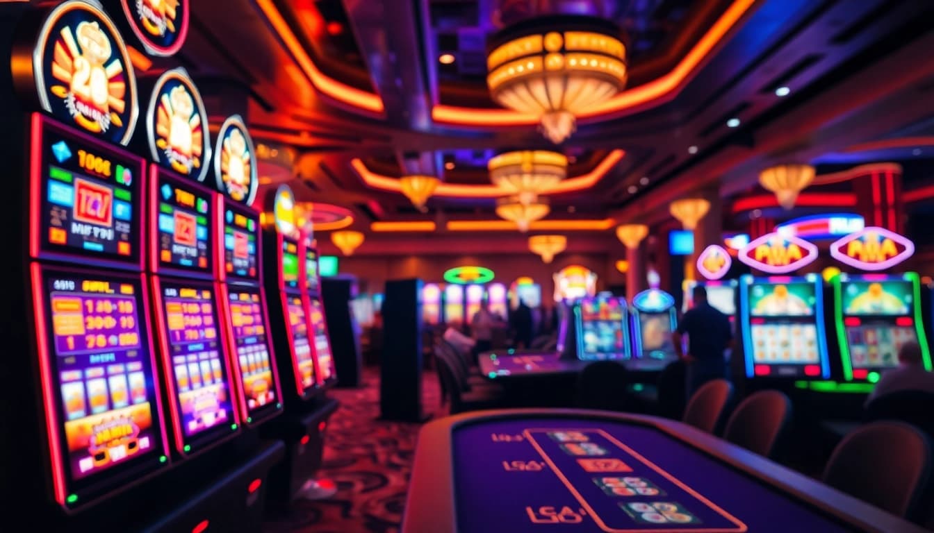 Experience the thrill of the best online casino with vibrant slot machines and a live poker table.