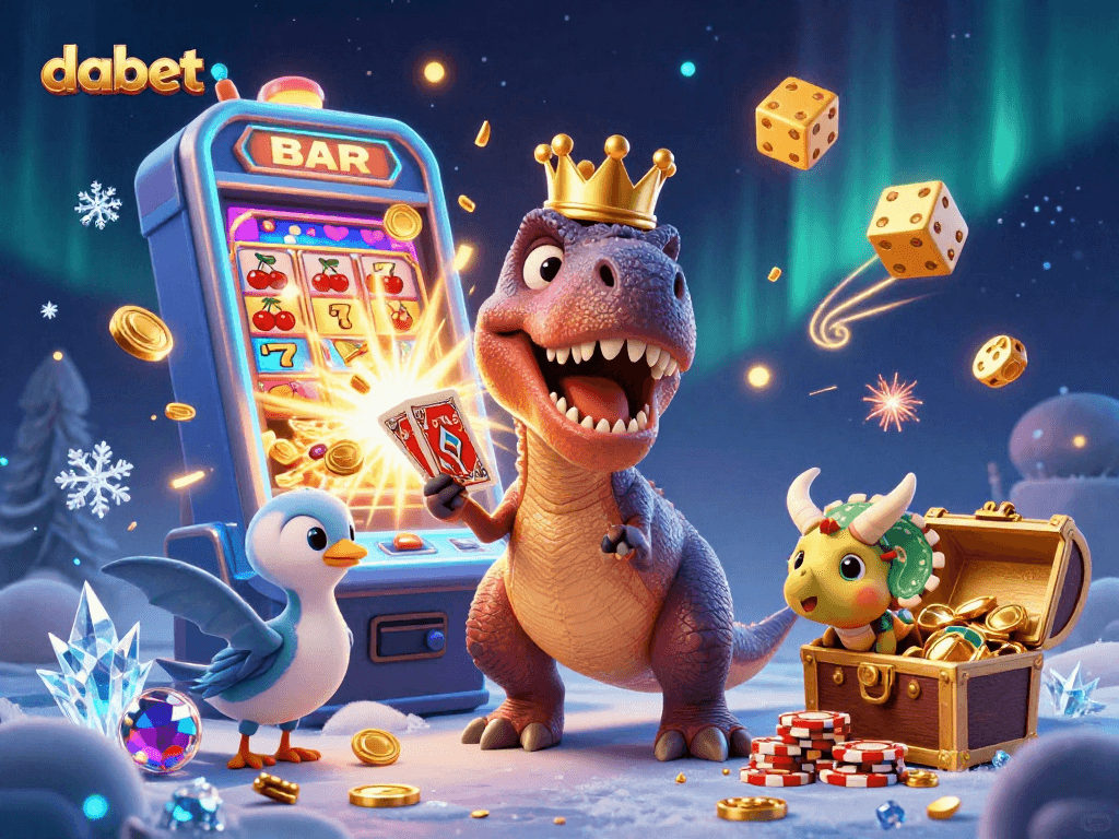 Experience thrilling gaming action with dabet, featuring T-Rex and friends in a vibrant casino setting.