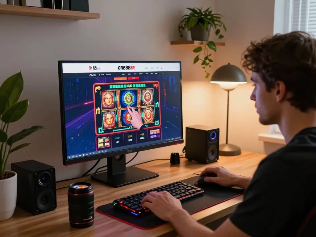 Engaging online gaming moment at one88br showcasing vibrant slot game action, player immersed in bets.