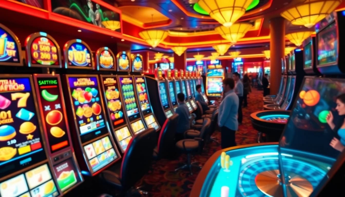 Putar mesin slot di kasino mewah dikelilingi oleh chip poker berwarna-warni dan pemain yang bersemangat.