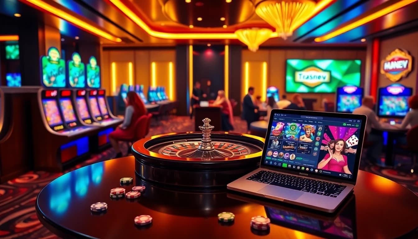 Experience the thrill of Trang chủ 888NEW with a luxury online casino atmosphere featuring roulette and slot machines.
